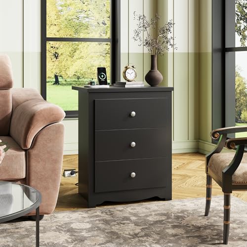 WLIVE Tall Nightstand with Charging Station, Wood Bedside Table, Black | 3 Drawers Storage, Power Outlets(2AC+2USB), Easy Assembly, Premium Eco-friendly Wood, Black Night Stand for Bedroom - color: Black