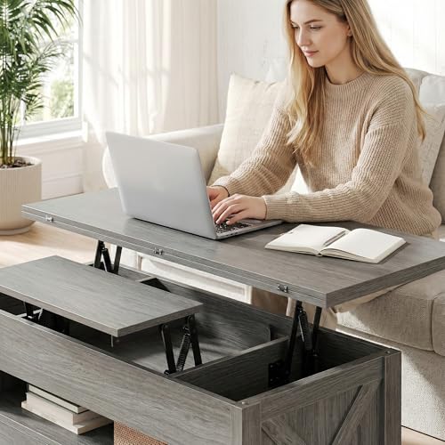 Amada 39" Lift Top Coffee Table with Drawer, Shelf, Hidden Storage, Grey | Modern farmhouse style, quiet and stable lifting system, CARB-certified, 4-in-1 table for dining, working, reading, relaxing - color: Wash Grey