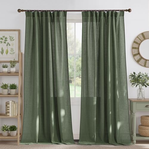 NICETOWN Thick Linen Blend Semi Sheer Forest Green Curtains, Pleat Tape Privacy Added Drapes with Light Filtering Window Treatments for Bedroom/Living Room, W52 x L108, 2 Panels - color: Forest Green, size: 52"W x 108"L (Pack of 2)