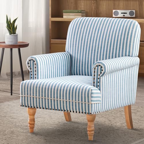 HUIMO Linen Fabric Accent Chair, Mid-Century Modern Armchair with Solid Wood Legs, Single Sofa Chair,Upholstered Reading Club Chair (1, Blue and White Stripe) - color: Blue and White Stripe