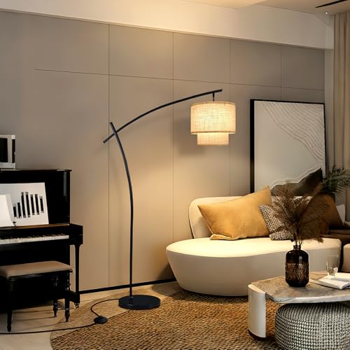 Lightdot Arc Floor Lamp for Living Room, Modern Standing Tall Lamps with Double Linen Shade, Tall Hanging Pole Lamp with Stable Base & Bulb Included for Bedroom/Sofa Beside/Corner Decor-Black - color: Fabric-Black