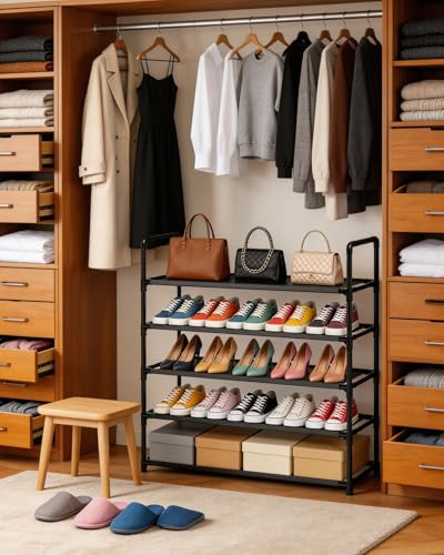 5 Tier Tall Shoe Rack Large Capacity, 34.5" Wide Entryway Shoe Organizer, Stackable Metal Frame Waterproof Nonwoven Shelves, Holds 20-25 Pairs, Space Saving Storage for Closet Hallway Garage, Black - size: 5-Tier(34.5"W)