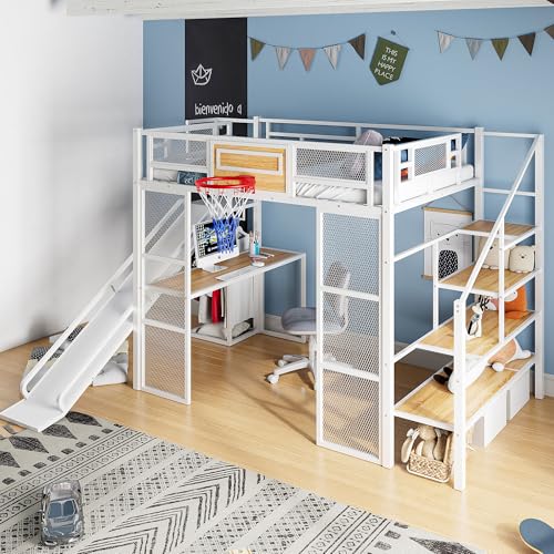 LUMISOL Full Size Loft Bed with Desk and Stairs, Heavy Duty Metal Loft Bed Frame with Storage Shelves and Basketball Hoop, Noise Free, No Box Spring Needed, White - color: White, size: Full with Slide