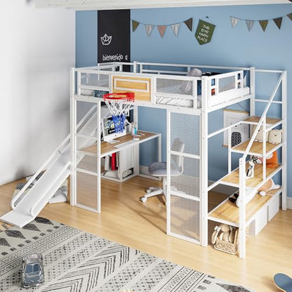 LUMISOL Full Size Loft Bed with Desk and Stairs, Heavy Duty Metal Loft Bed Frame with Storage Shelves and Basketball Hoop, Noise Free, No Box Spring Needed, White - color: White, size: Full with Slide