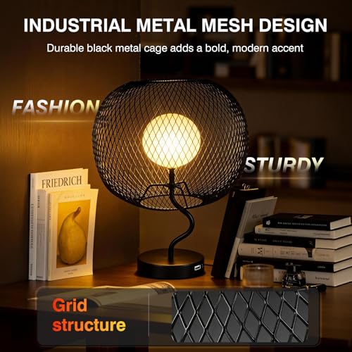 Cordless Industrial Table Lamp, Touch Dimmable Bedside Lamp with Black Metal Mesh Shade, USB-C Rechargeable Warm Ambient Light for Bedroom, Living Room, Dining Table, Side Table
