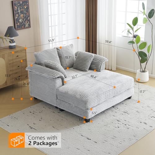 VINGLI 56" Oversized Chaise Lounge Chair, Light Grey Comfy Corduroy Chaise Sofa Recliner Bed Upholstered Sleeper Couch Bed with Throw Pillows and Armrests for Living Room, Movie Room, Bedroom - color: Light Grey, style: Modern