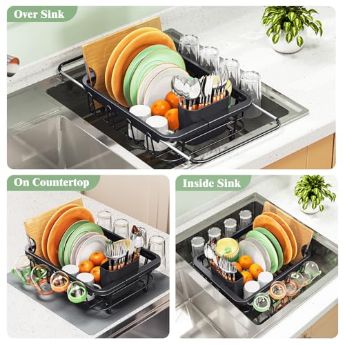 Urackify Dish Drying Rack in Sink, Dish Drainer with Utensil Holder, Black - color: Jet Black, size: Small