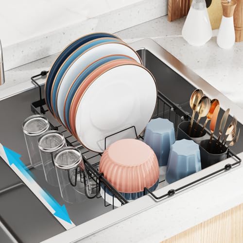 Dish Drying Rack Over the Sink - Expandable Drainer with Cup Holder | Twist-Lock Adjustment, Removable Utensil Holder, Handles with Non-Slip Beads, Rust-Resistant, Space-Saving for Kitchen