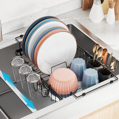 Dish Drying Rack Over the Sink - Expandable Drainer with Cup Holder | Twist-Lock Adjustment, Removable Utensil Holder, Handles with Non-Slip Beads, Rust-Resistant, Space-Saving for Kitchen