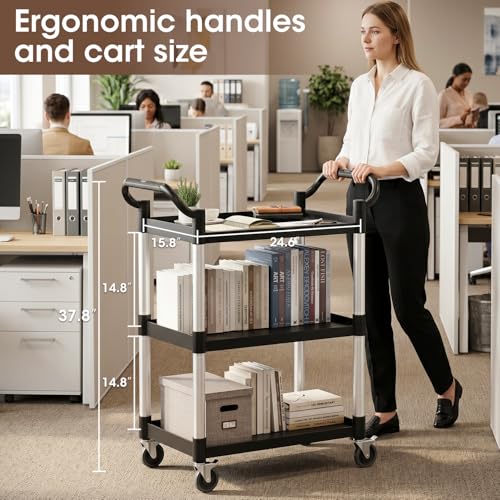 Plastic Utility Carts with Wheels, 3-Tier Rolling Cart with 4 Lockable Wheels, Heavy Duty 600 LBS Capacity Food Service Cart (Does Not Contain Recycled Plastic),16.8" D x 31.5" W x 37.8" H - size: Medium