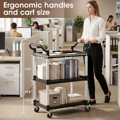 Plastic Utility Carts with Wheels, 3-Tier Rolling Cart with 4 Lockable Wheels, Heavy Duty 600 LBS Capacity Food Service Cart (Does Not Contain Recycled Plastic),16.8" D x 31.5" W x 37.8" H - size: Medium