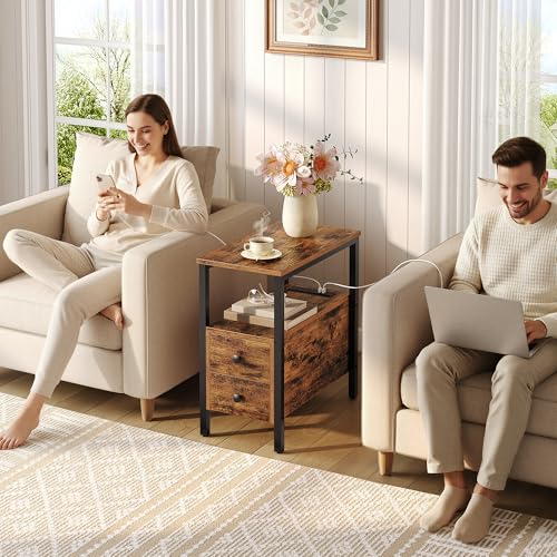 HOOBRO End Table with Charging Station, Narrow Side Table with 2 Drawer & USB Ports & Power Outlets, Nightstand for Small Spaces, for Living Room, Bedroom, Rustic Brown and Black BF541BZ01 - color: Rustic Brown + Black