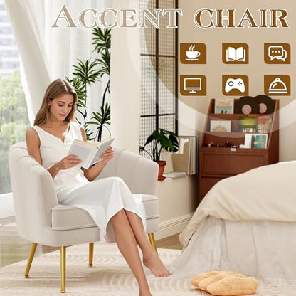 Velvet Accent Chair, Barrel Armchair, Beige | Velvet Upholstery, Golden Metal Legs, Comfy Barrel Back, Modern Style, Living Room Bedroom Office - color: Beige, size: 1 Chair