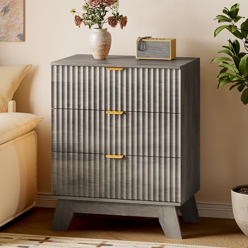 BORNOON Fluted 3 Drawer Dresser, 30.3" Tall Compact Modern Boho Chest of Drawers, Wooden Storage Cabinet for Bedroom, Living Room, Entryway, Curved Profile Design - color: Rustic Drift, size: 3 Drawers