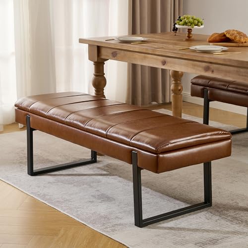 Breakfast Nook Bench with Hidden Storage, Premium Faux Leather Cushion & Metal Base, 53 Inch Extra Seating for Dining Room/Living Room, Entryway - color: Brown