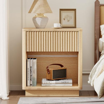 Baoz Oak Fluted Nightstand with Charging Station & 1 Drawers for Bedroom | 19" Wide Mid Century Modern Bedside Table Natural Wood Curved Profile Design Night Stand Metal Handle - color: Oak, size: 1 Drawers