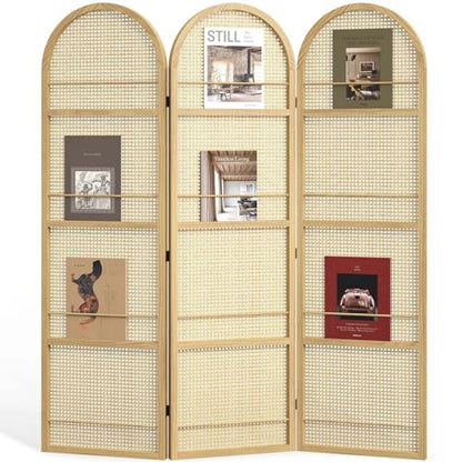 Rattan Room Divider with Built-in Bookshelf | Foldable Privacy Screen & Portable Partition for Home Office, Bedroom, Reading Nook | Wooden Frame, Freestanding Design (Natural-Rattan) - color: Natural-rattan