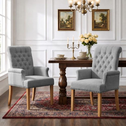 Dining Chair with Arms, Upholstered High Back Dining Room Chairs, Grey | Set of 2, Linen Fabric Dining Chairs, Tufted Armchair with Solid Wood Leg, Nailhead Trim, Comfortable Parson Kitchen Chairs - color: Light Grey, size: 2 PCS