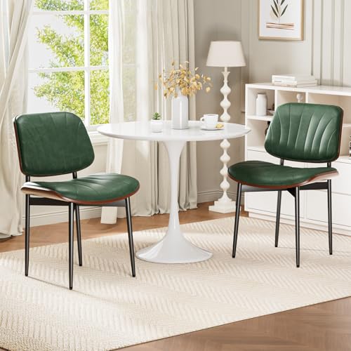 Dining Chairs Set of 2, Mid-Century Modern Upholstered PU Leather Chairs | with Walnut Bentwood Back and Metal Legs Adjustable Feet for Kitchen Dining Room, Dark Green Shell Strips - color: Dark Green Shell Strips