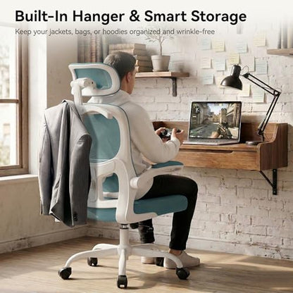 Office Chair Ergonomic Desk Chairs with Adjustable Lumbar Support& Headrest Hanger, High Back Breathable Mesh Chair with Wheels, Rolling Swivel Comfy Task Computer Chair for Home Work Gaming - color: Aqua