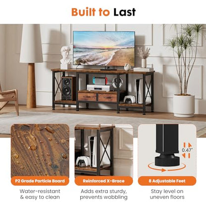 DUMOS 55" TV Stand with Fabric Drawers for 55 60 65 Inches TV | Entertainment Center and Industrial TV Console Table with Open Storage Shelves for Living Room, Bedroom, Rustic Brown - size: 55 Inch