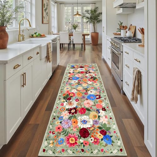 Rug for Hallways Kitchen Runner 2x8 Green | Non Slip Washable Rugs with Rubber Backing Soft Floral Carpet Runner for Hallways, Kitchen, Laundry, Bedroom, Bathroom - color: Green, size: 2' x 8' (Rectangular)