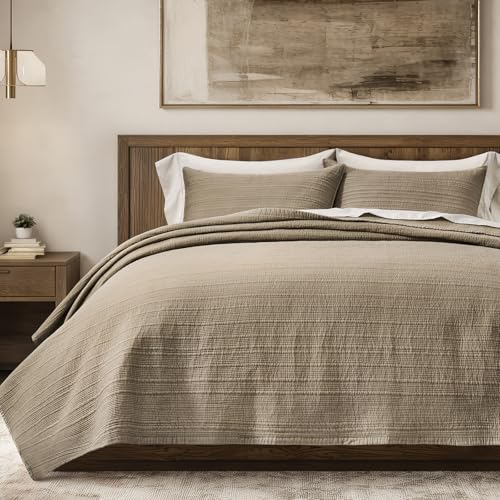 EVERGRACEHOME Cotton Sateen Channel Quilt Set, Queen Size, Stone Taupe | 100% Cotton, Pre-Washed Soft Coverlet Bedspread, 3-Piece Refined Channel Stitch Bedding Set for All Season, 2 Pillow Shams - color: Stone Taupe - Refined Channel, size: Full/Queen (9