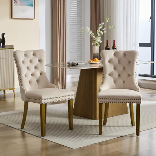 KEIKI Mid-Century Upholstered Velvet Dining Chair, Tufted Accent Seat | with Golden Solid Wood Legs for Dining Room Kitchen Room, Beige - color: Beige