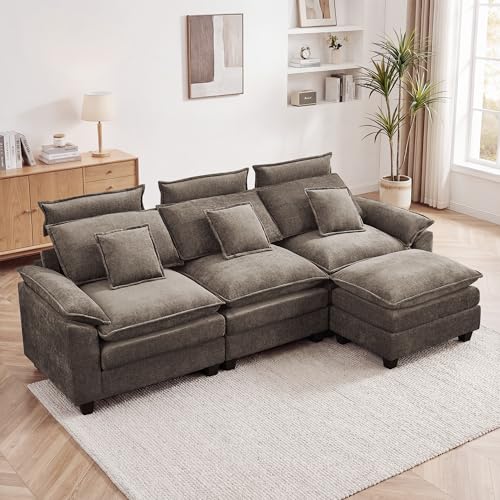103'' Modular L Shaped Sofa, Cloud Deep Seat Sofa Couch with Ottoman, Detachable Headrest, 3 Seater Sectional Sofas for Living Room, Apartment, Studio, Brown - color: Brown, size: L Shaped Couch