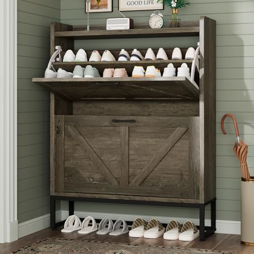 GRUSIGN Shoe Cabinet, Shoe Storage Cabinet with 2 Flip Drawers & Adjustable Shelf, Space-Saving Shoe Organizer – Holds 16+ Pairs, Narrow Shoe Cabinet Storage for Entryway/Hallway（Grey） - color: Grey