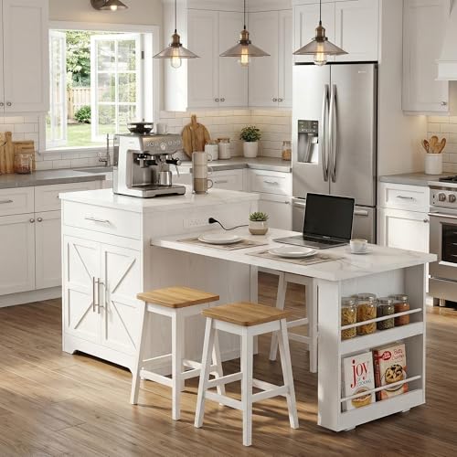 FUSUNBAO 78'' Kitchen Island with Extendable Dining Table for 4-6, Farmhouse Rolling Mobile Center Islands with Storage, Wine Glass Rack, Charging Station, 2 Drawers 2 Side Open Shelves, White - color: White