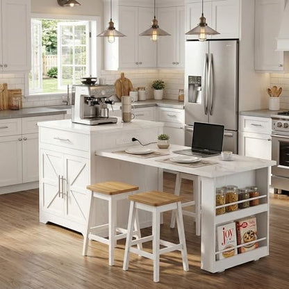 FUSUNBAO 78'' Kitchen Island with Extendable Dining Table for 4-6, Farmhouse Rolling Mobile Center Islands with Storage, Wine Glass Rack, Charging Station, 2 Drawers 2 Side Open Shelves, White - color: White