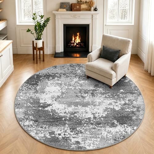 Washable 5 FT Round Rug Grey Circle Area Rugs for Entryway Kitchen, Non Slip Soft Low Pile Stain Resistant, Boho Circular Carpet for Living Room Bedroom Dorm Dining Room Table, Abstract Gray - color: Grey, size: 5' (Round)