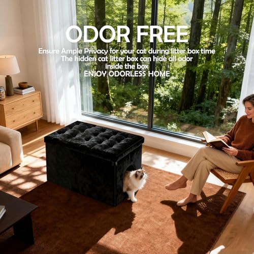 MEEXPAWS Cat Litter Box Enclosure Furniture XL Velvet Lift Design Lid | Large Hidden Cat Washroom Bench Ottoman, Storage Cabinet Dog Proof,Urine Proof, Easy Clean, Quick Assembly,Black - color: Black, size: XL 25.6''x W17.7'' x H17.7''