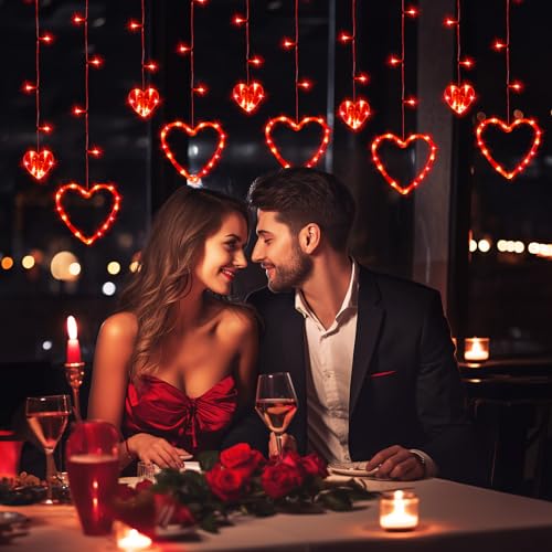 Valentines Day Decor, Red Love Heart String Lights for Bedroom, 12 Hearts 138 LED Fairy Twinkle Lights with Remote, 8 Lighting Modes Connectable Window Lights for Valentine's Day Wedding Home Decor