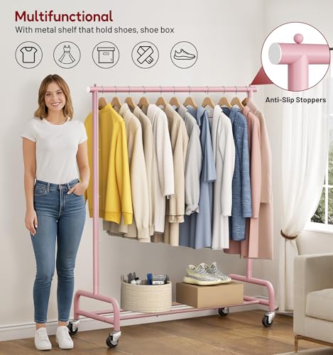 SLEEPING LAMB Heavy Duty Clothing Racks for Hanging Clothes Rack, 43" Wide Rolling Garment Rack Metal Clothing Hanger Rack with Wheels Wardrobe Rack for Coats, Shirts, Dress (Pink) - color: Pink, style: Single Rod