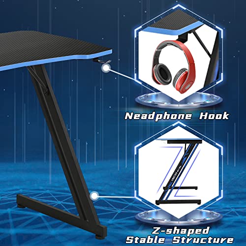 Dkelincs 35 inch Gaming Desk Z-Shaped Computer Desk PC Computer Table Home Office Desk Ergonomic Gamer Workstation with Headphone Hook, Blue - color: Blue, size: 35 Inch