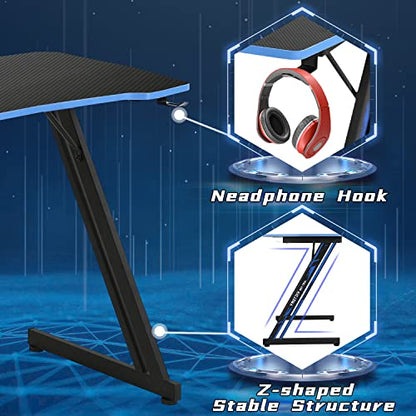 Dkelincs 35 inch Gaming Desk Z-Shaped Computer Desk PC Computer Table Home Office Desk Ergonomic Gamer Workstation with Headphone Hook, Blue - color: Blue, size: 35 Inch