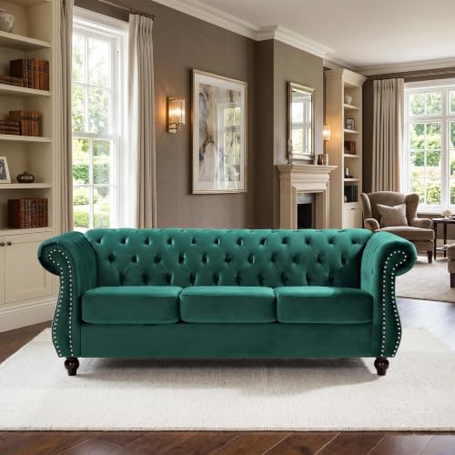 GDFStudio 82.6" Chesterfield Sofa Set, Modern Velvet Upholstered Sofa Set, Comfy 3 Seat Couch with Loveseat for Living Room Apartment, Button Tufted Rolled Arms Solid Wood Legs Spring Cushion, Black - color: Green, size: 3+2 Seat
