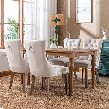 Beige Velvet Dining Chairs Set of 8, Tufted Kitchen & Dining Room Chairs | Eight Fabric Tufted Dinning Chairs, Velvet Upholstered, Wing Back, Metal Pull Ring, Wood Frame, Mid Century Modern - color: A-1 Beige Velvet, Wood Legs, size: 8