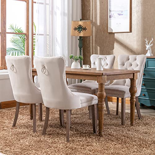 Beige Velvet Dining Chairs Set of 8, Tufted Kitchen & Dining Room Chairs | Eight Fabric Tufted Dinning Chairs, Velvet Upholstered, Wing Back, Metal Pull Ring, Wood Frame, Mid Century Modern - color: A-1 Beige Velvet, Wood Legs, size: 8