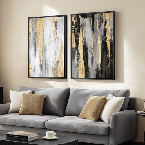 Large Framed Elegant Black White Gold Wall Art for Living Room, 24x36 In | 2 Piece, Large size paintings, Canvas prints, Black gold pictures, Modern minimalist artwork for walls, Bedroom Wall Decor - color: Gilded, size: 24" W x 36" H x 2Pcs