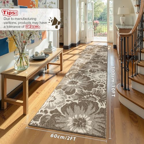 Findosom Hallway Runner Rug 2x10, Non Slip High-Low Textured Floral Washable Runner Rug with Rubber Backing, Boho Carpet Runner for Kitchen, Entryway, Bedroom, Laundry, Brown - color: Brown, size: 2' x 10'