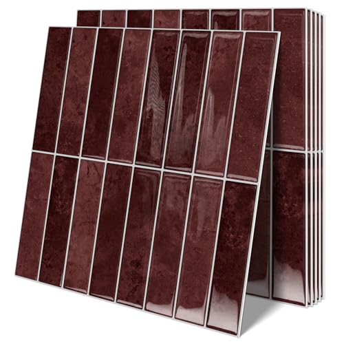 10 Sheets Upgraded Thicker Design Subway Tile Peel and Stick Backsplash | 12”×12”Self Adhesive Wall Tiles Stick on Back Splash for Kitchen,Bathroom,Camper(Vintage Red) - color: Vintage Red