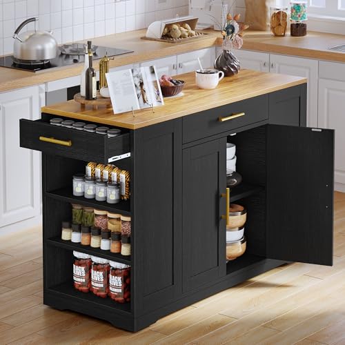 DWVO Large Kitchen Island with Trash Can Cabinet | 53 Inch Kitchen Island on Wheels, Rolling Island with Tilt‑Out Garbage Storage Fits 13 Gallon Bin, Spice Rack - color: Black