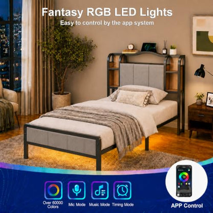 Twin XL Bed Frame with LED Lights & Charging Station | Upholstered Headboard & Footboard, No Box Spring Needed, Noise-Free Easy Assembly, Large Under Bed Storage - size: Twin XL