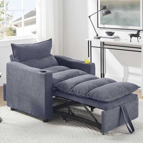 SLEERWAY 3 in 1 Convertible Sleeper Sofa Bed, 36.14" W Easy Pull Out Chair Bed with Dual Cup Holders, Comfy Thick Padding Futon Love Seat with Adjustable Backrest for Living Room Small Space (Grey) - color: Grey, size: 36.14"