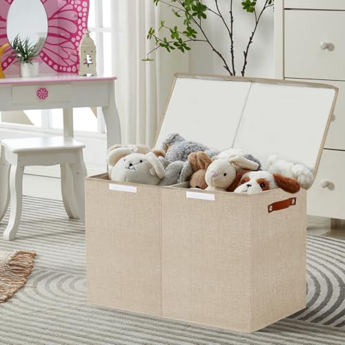Large Toy Storage Box with Lids, Collapsible Sturdy Baby Storage Organizer Chest Bin Basket for Kids, Boys, Girls, Playroom, Nursery, Bedroom, Closet 25"x13"x16" (Khaki) - color: Khaki