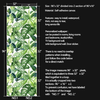 Tropical Green Leaf Watercolor Monstera Plant Peel and Stick | self adhesive Wallpaper - 96''x32'' - color: X11, size: 32" x 96"