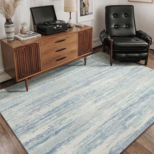 Washable Rug 4x6.5 Area Rugs Low Pile Non Slip Modern | Machine Washable Small Throw Carpet for Bedroom Living Room Office Playroom Floor Indoor Accent Neutral Blue - color: Blue, size: 4' x 6'6" (Rectangular)